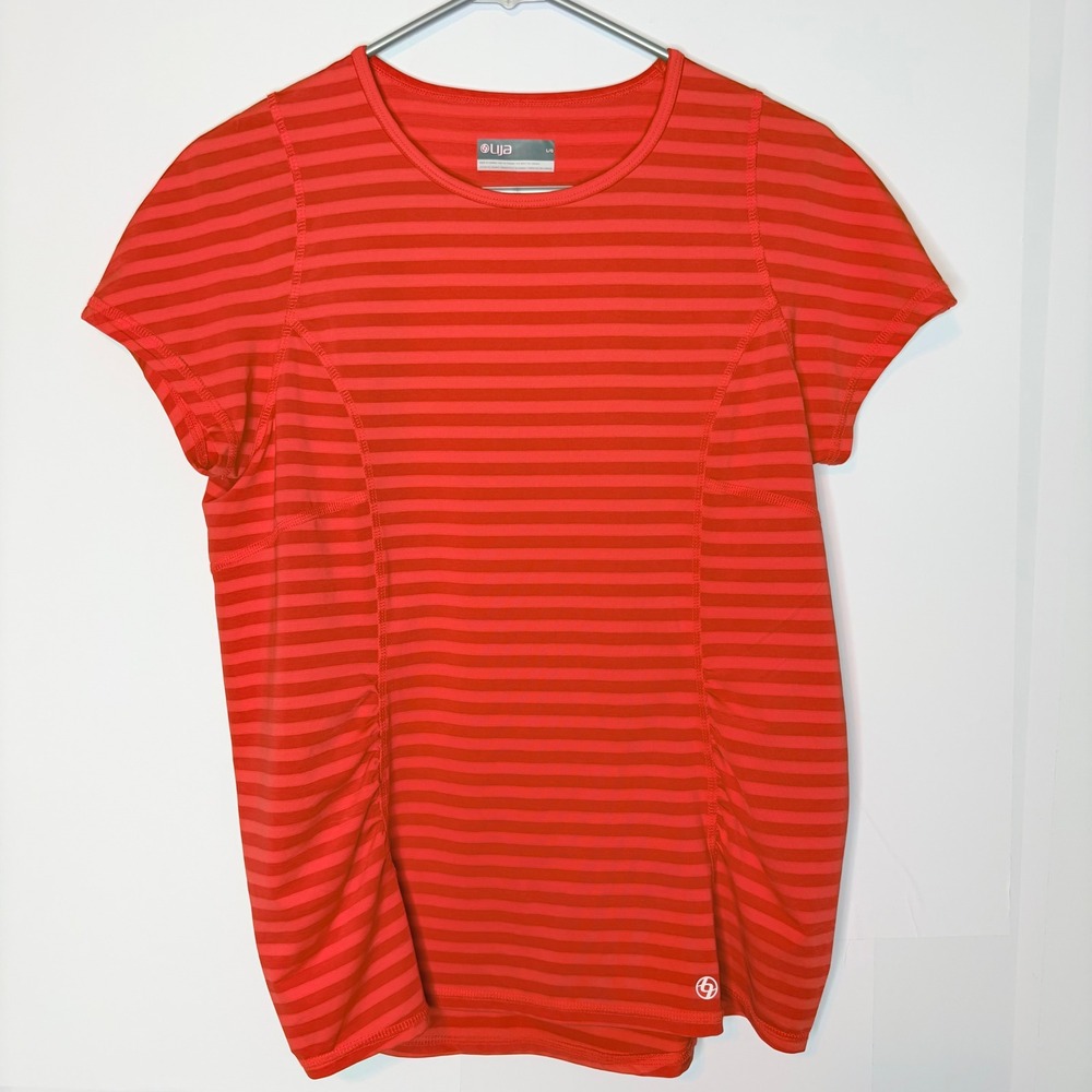 Lija Striped Ruched Activewear Top Large Sporty Red Orange Short Sleeve Shirt